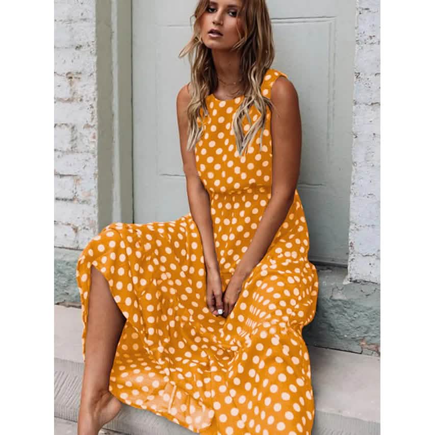 Women's Sleeveless Polka Dot Long Dress Women's Dresses Yellow S - DailySale
