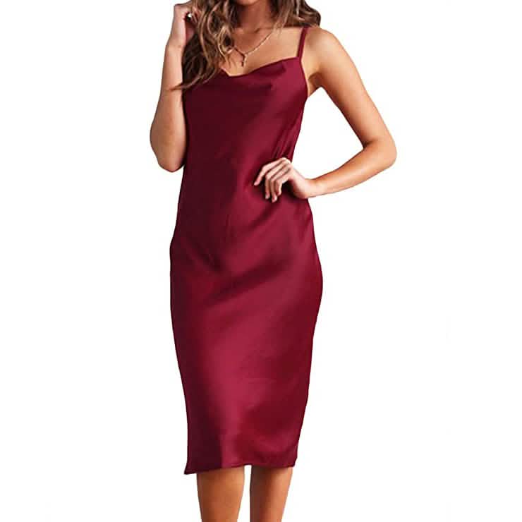 Women's Sleeveless Spaghetti Strap Satin Dress Women's Dresses Wine Red S - DailySale