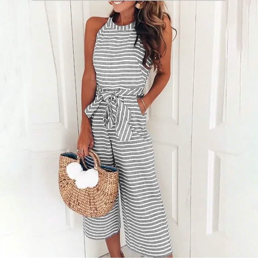 Women's Solid Color Crew Neck Casual Jumpsuit Women's Dresses Gray S - DailySale