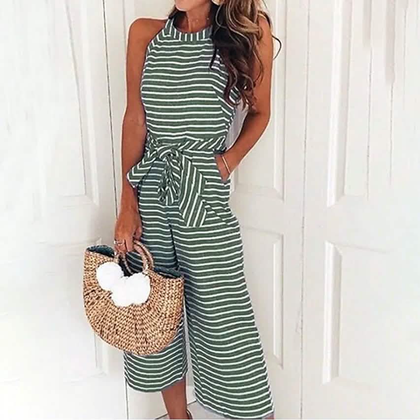 Women's Solid Color Crew Neck Casual Jumpsuit Women's Dresses Green S - DailySale
