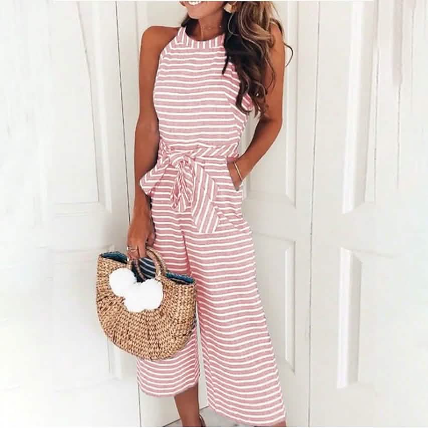Women's Solid Color Crew Neck Casual Jumpsuit Women's Dresses Pink S - DailySale
