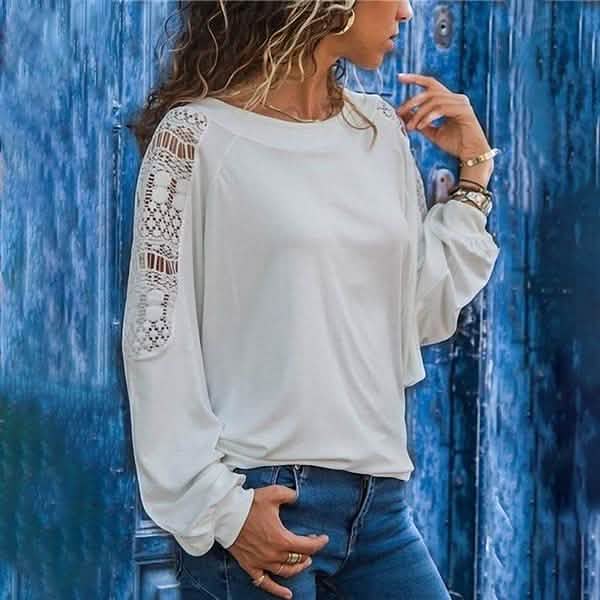 Womens Solid Color Hollow Out Pullovers Loose T-shirts Women's Tops White S - DailySale