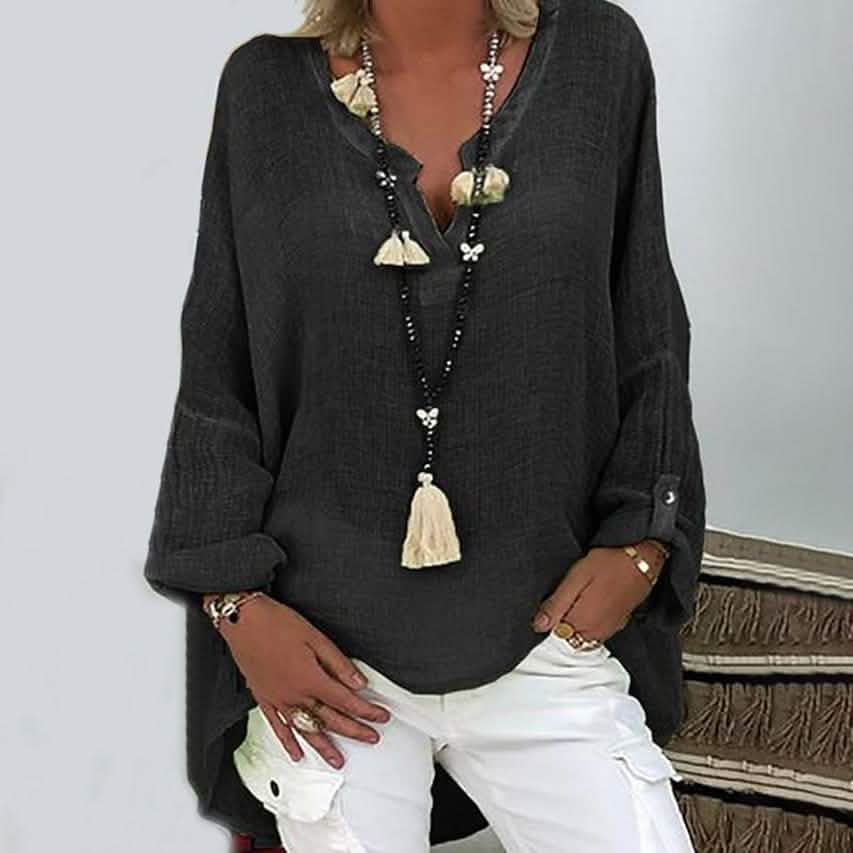 Women's Solid Colored Long Sleeve Button V Neck Basic Top Women's Tops Black S - DailySale