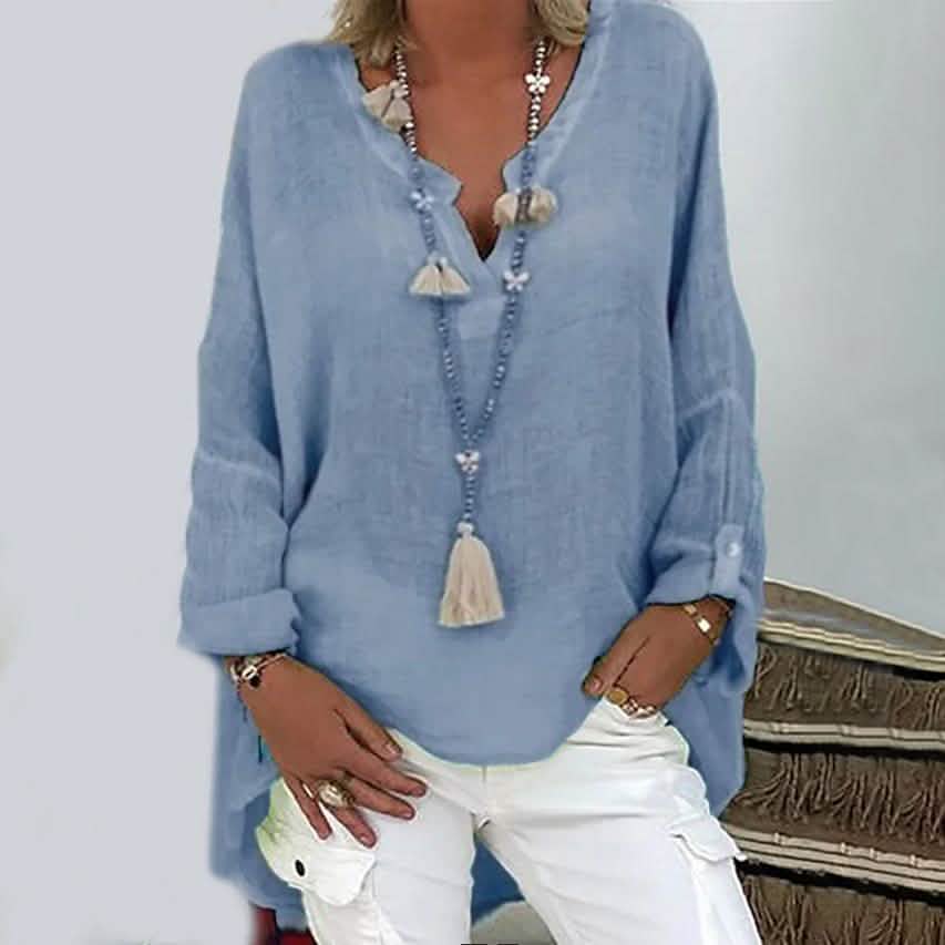 Women's Solid Colored Long Sleeve Button V Neck Basic Top Women's Tops Light Blue S - DailySale