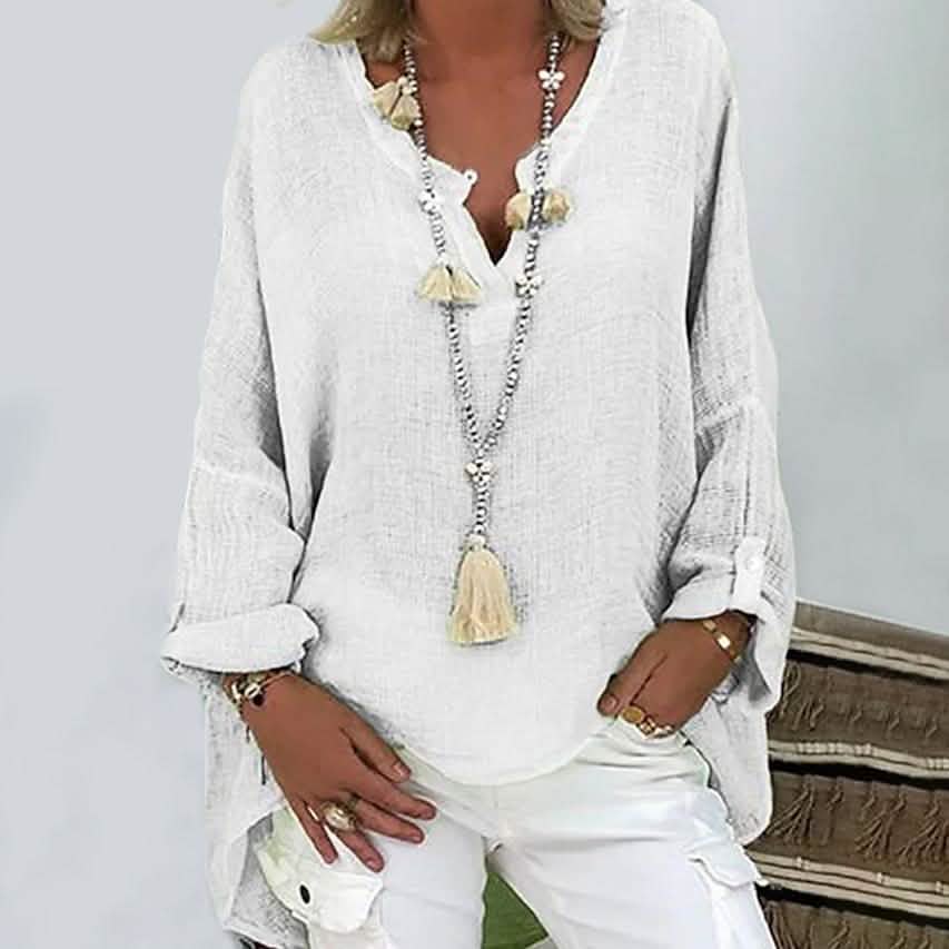 Women's Solid Colored Long Sleeve Button V Neck Basic Top Women's Tops White S - DailySale