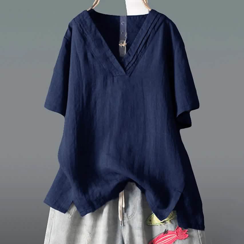 Women's Solid Half Sleeve V Neck Shirt Top Women's Tops Blue L - DailySale