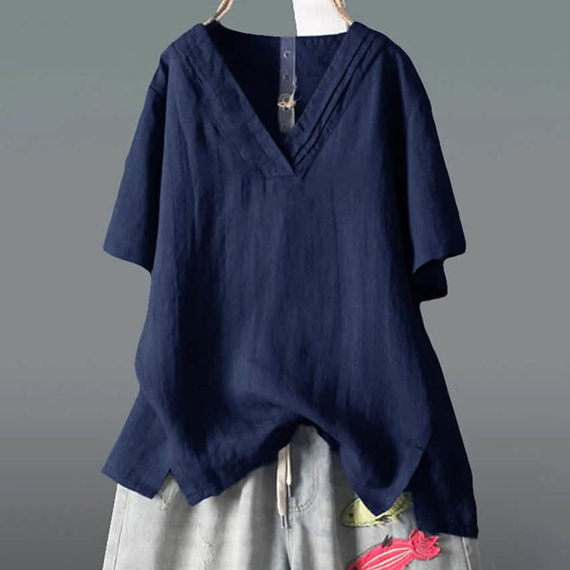 Women's Solid Half Sleeve V Neck Shirt Top Women's Tops Blue L - DailySale