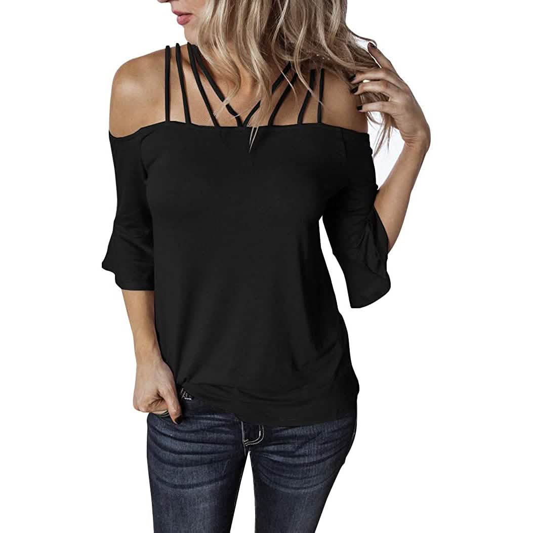 Womens Spaghetti Straps Cold Shoulder Shirts Women's Tops Black S - DailySale
