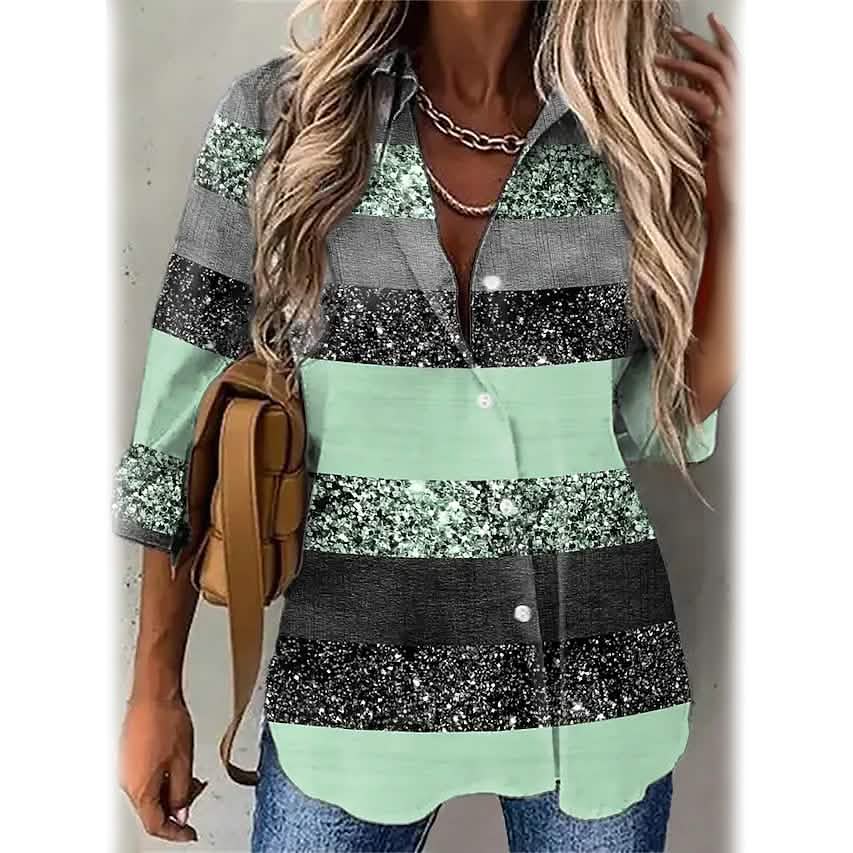 Women's Striped Casual Long Sleeve Shirt Women's Tops Green S - DailySale