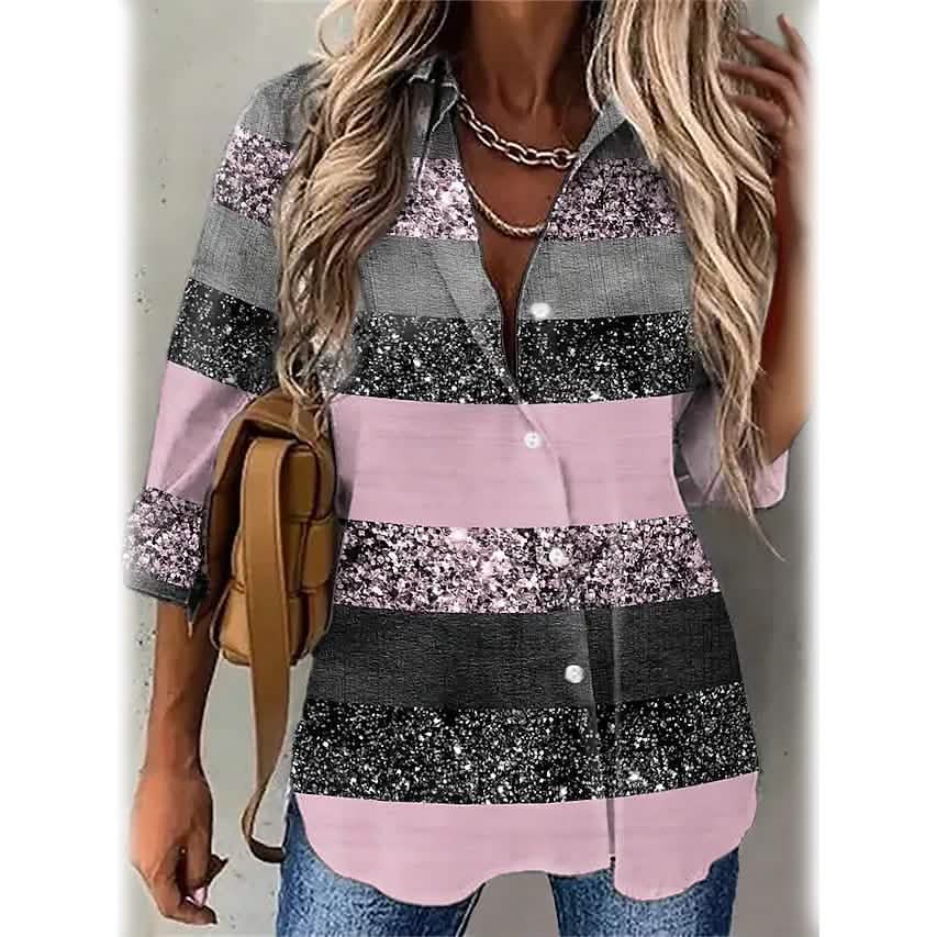 Women's Striped Casual Long Sleeve Shirt Women's Tops Pink S - DailySale