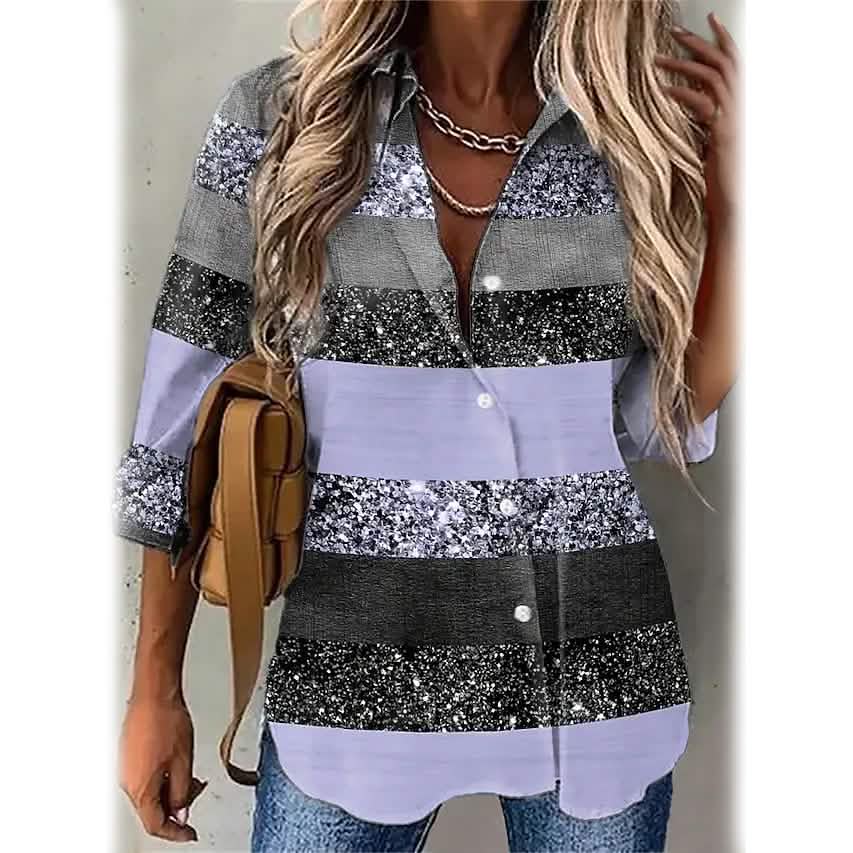Women's Striped Casual Long Sleeve Shirt Women's Tops Purple S - DailySale