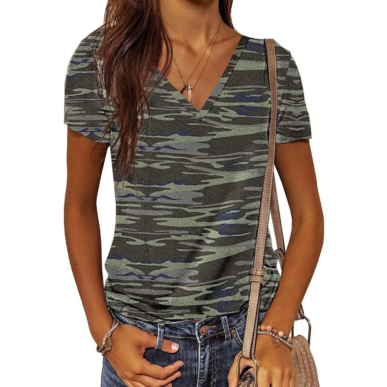 Women's Summer Camo V Neck Short Sleeve Tee Shirts Casual Loose Blouse Tops Women's Clothing Army Green S - DailySale