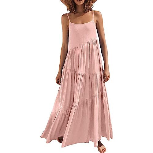 Women’s Summer Casual Loose Sleeveless Spaghetti Strap Asymmetric Tiered Beach Maxi Long Dress Women's Dresses Pink S - DailySale