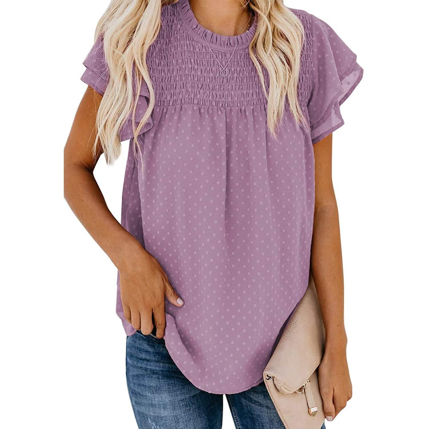 Women's Summer Cute Crewneck Lace Crochet Chiffon Blouse Women's Tops Purple S - DailySale
