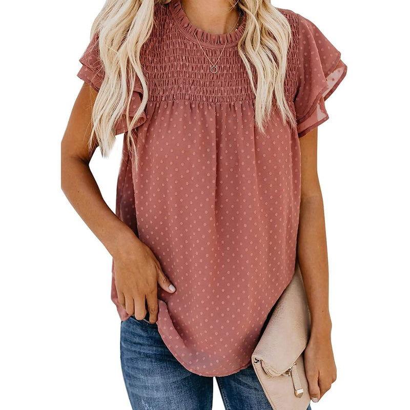 Women's Summer Cute Crewneck Lace Crochet Chiffon Blouse Women's Tops Red S - DailySale