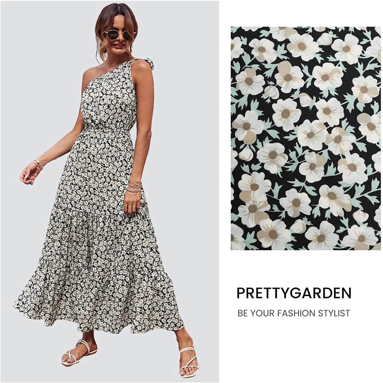 Women's Summer Floral One Shoulder Ruffled Hem Maxi Dresses Women's Dresses - DailySale