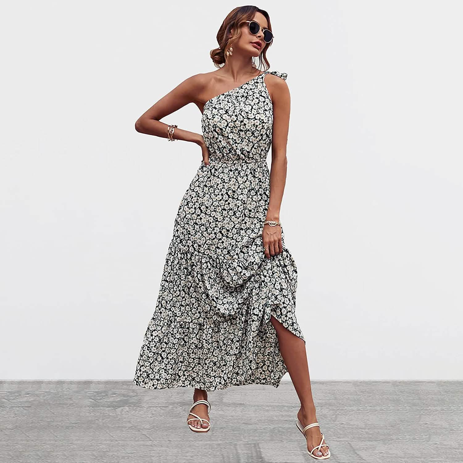 Women's Summer Floral One Shoulder Ruffled Hem Maxi Dresses Women's Dresses - DailySale