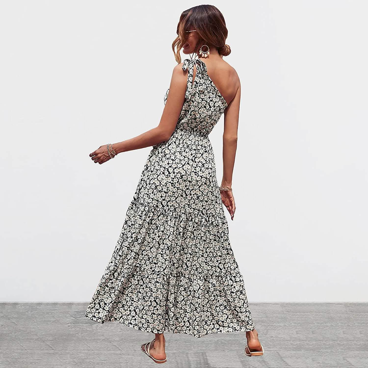 Women's Summer Floral One Shoulder Ruffled Hem Maxi Dresses Women's Dresses - DailySale