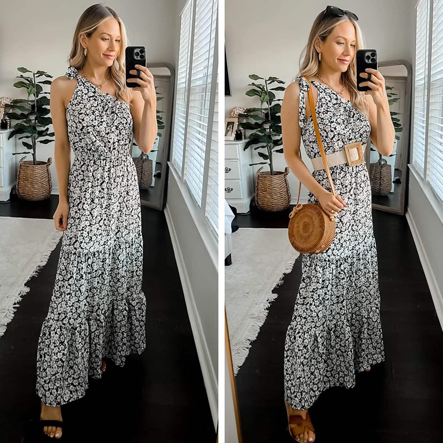 Women's Summer Floral One Shoulder Ruffled Hem Maxi Dresses Women's Dresses - DailySale