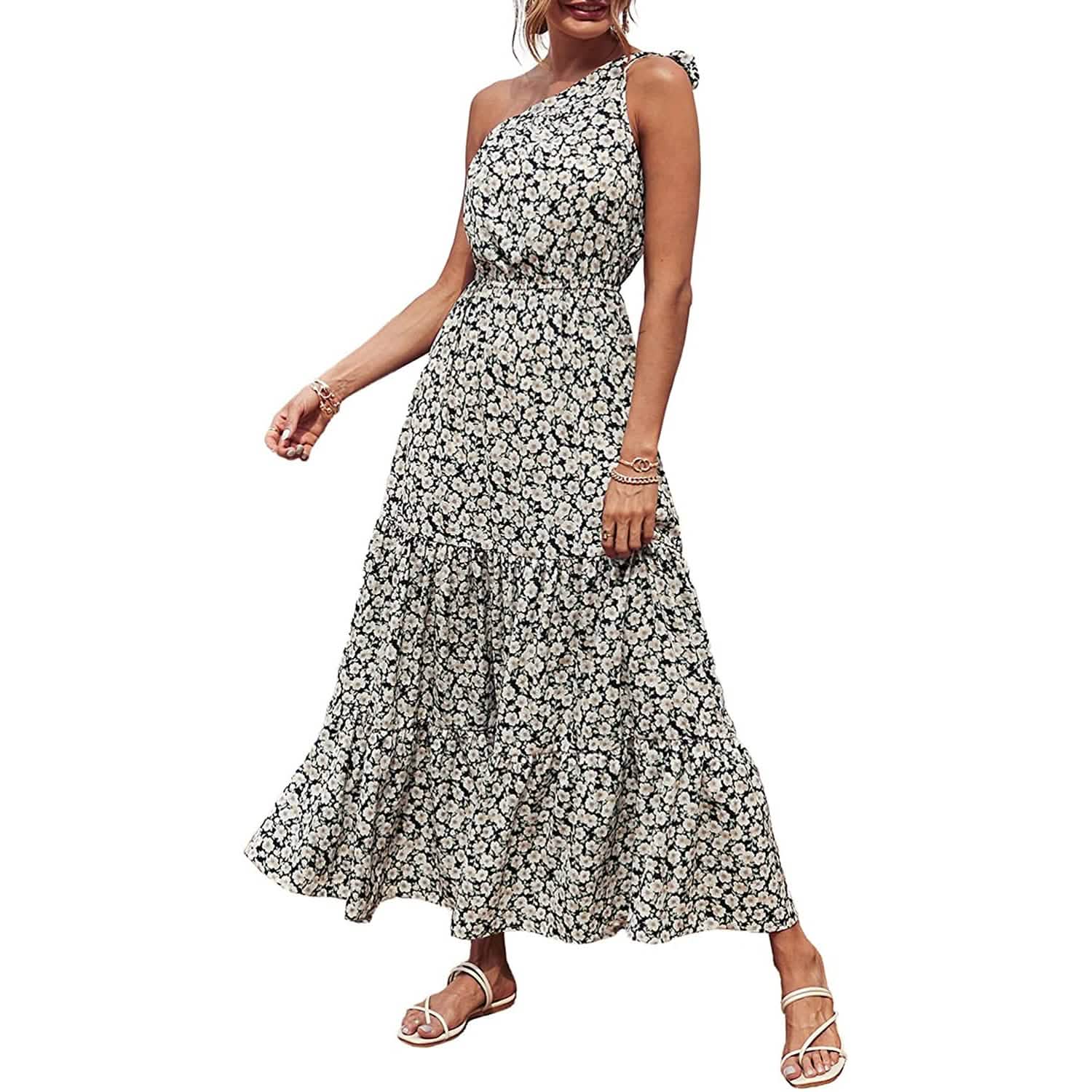Women's Summer Floral One Shoulder Ruffled Hem Maxi Dresses Women's Dresses S - DailySale