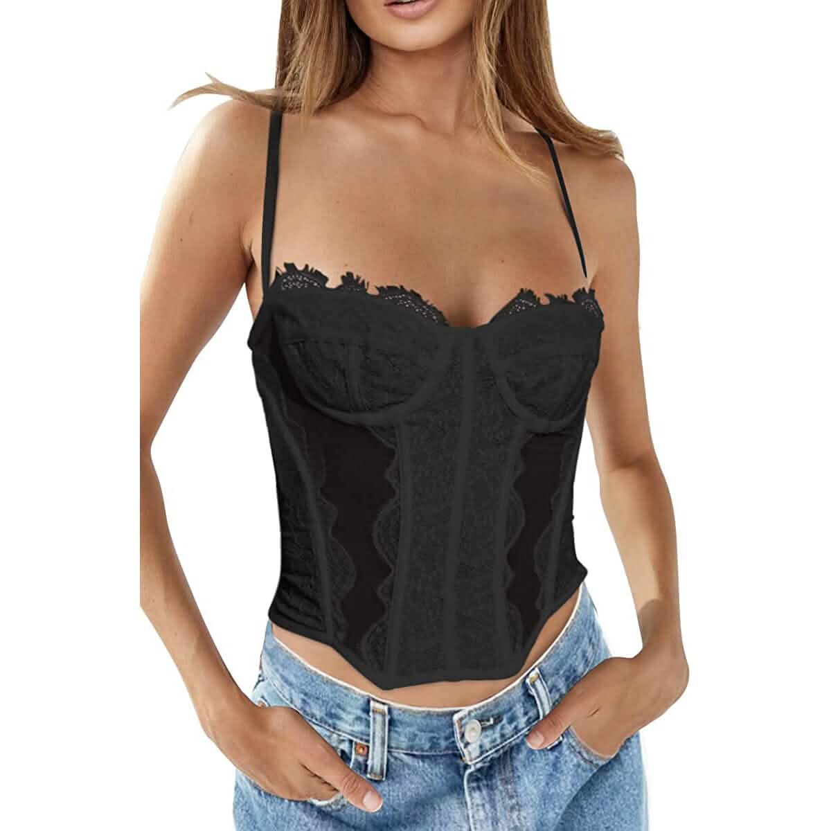 Womens Summer Lace Bustier Mesh Vintage Spaghetti Strap Open Back Boned Corset Women's Tops Black S - DailySale