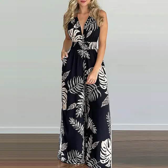 Women's Summer New Digital Printing Colorful Slit Jumpsuit Women's Dresses Black S - DailySale