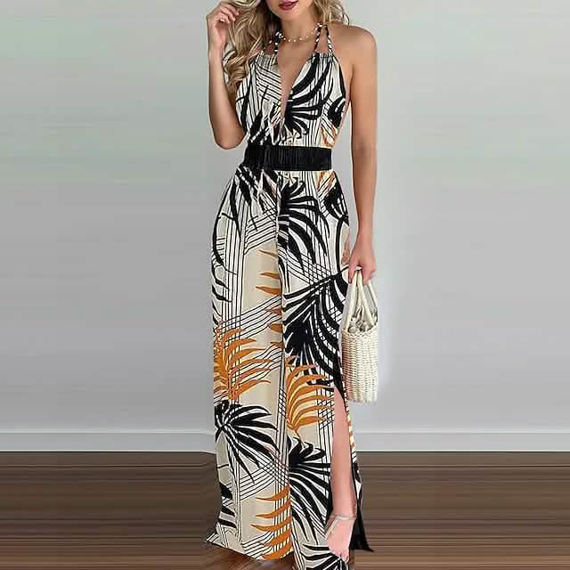 Women's Summer New Digital Printing Colorful Slit Jumpsuit Women's Dresses Khaki S - DailySale
