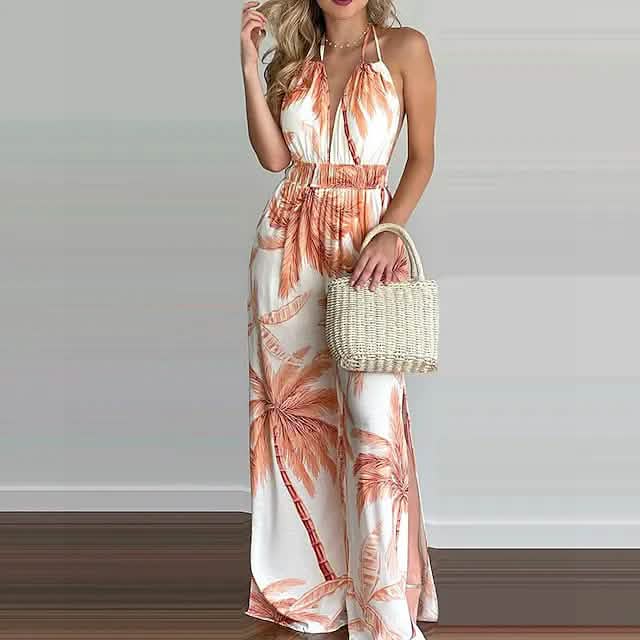 Women's Summer New Digital Printing Colorful Slit Jumpsuit Women's Dresses Orange S - DailySale