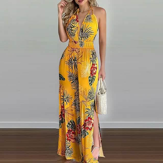 Women's Summer New Digital Printing Colorful Slit Jumpsuit Women's Dresses Yellow S - DailySale