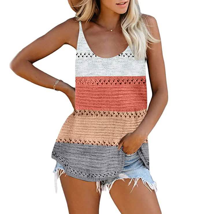 Women's Summer Scoop Neck Knit Cami Tank Blouse Women's Clothing Multicolor S - DailySale