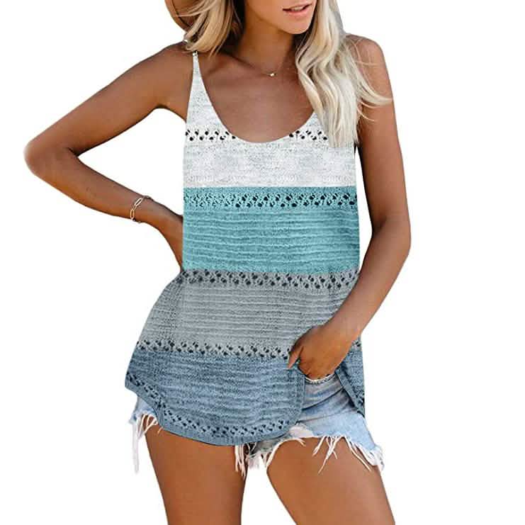 Women's Summer Scoop Neck Knit Cami Tank Blouse Women's Clothing Sky Blue S - DailySale