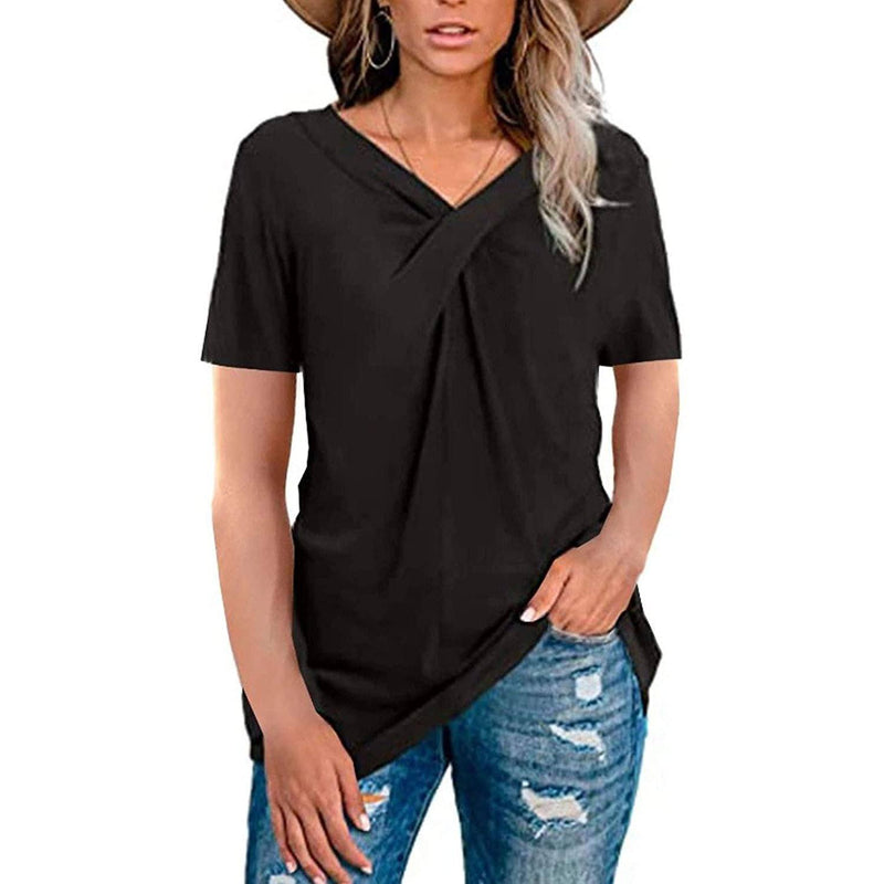 Women's Summer Shirts V Neck Short Sleeve Tops Cross Knot Women's Clothing Black S - DailySale