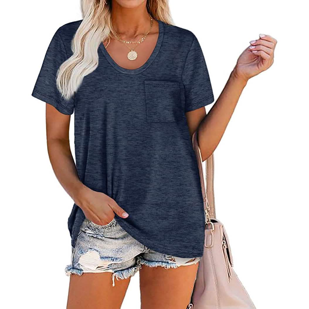 Women's Summer Short Sleeve Crew Neck Pocket Top Women's Tops Navy S - DailySale