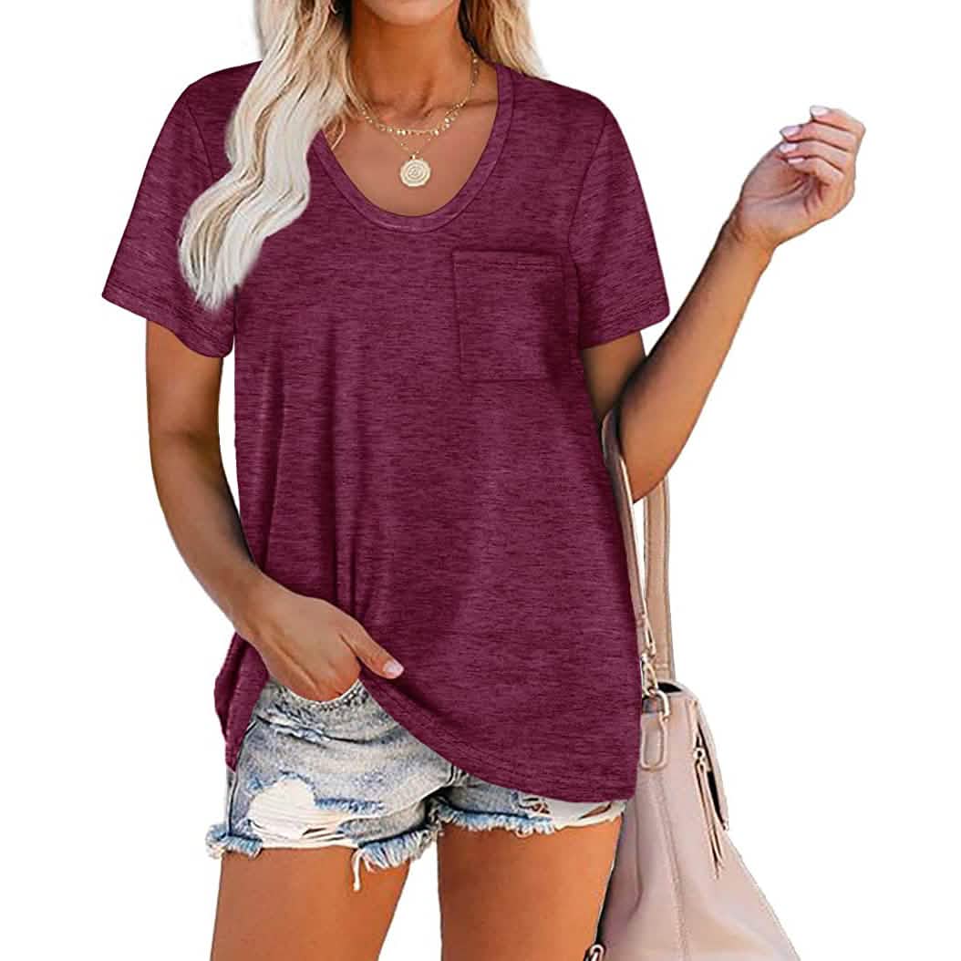 Women's Summer Short Sleeve Crew Neck Pocket Top Women's Tops Plum S - DailySale