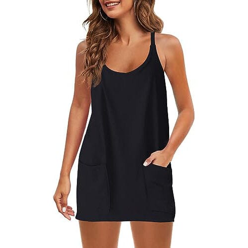 Womens Summer Sleeveless Mini Dress V Neck Spaghetti Strap with Pockets Women's Dresses Black S - DailySale