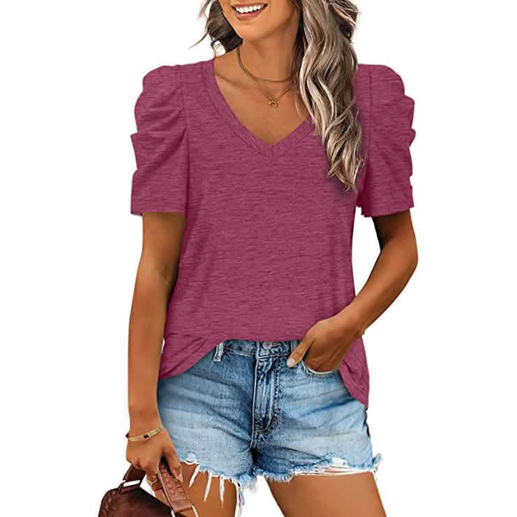 Women's Summer V-Neck Casual T-Shirt Women's Tops Maroon S - DailySale
