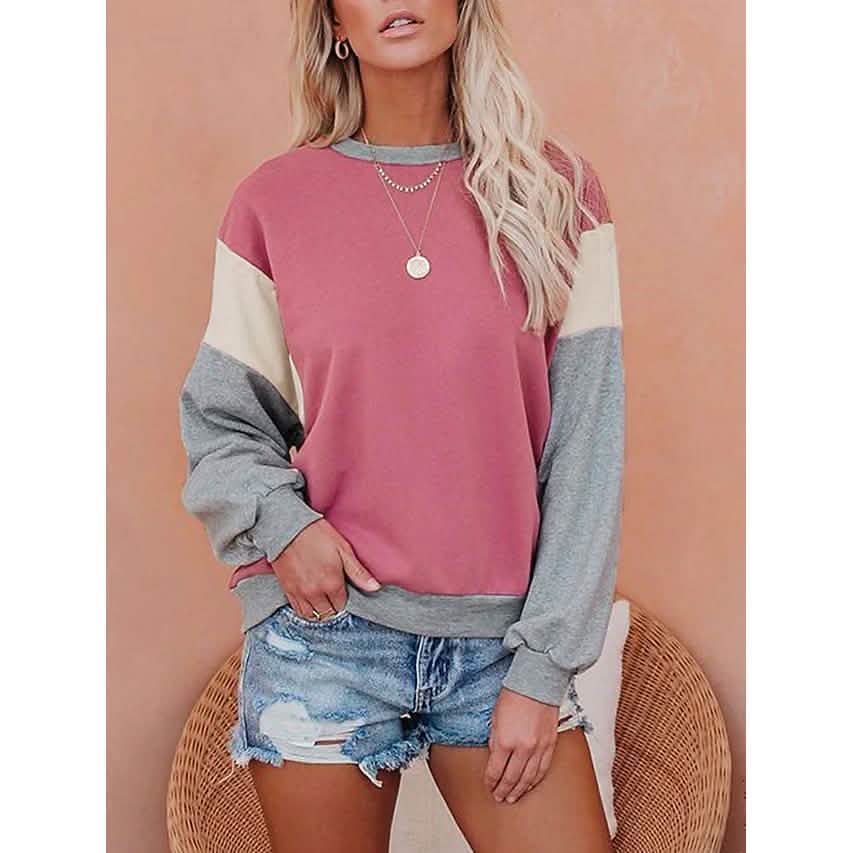 Women's Sweatshirt Pullover Color Block Patchwork Women's Tops Fuchsia S - DailySale