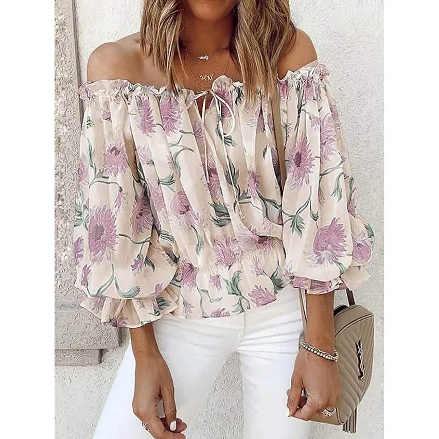 Women's T-Shirt Floral Print Off Shoulder Top Puff Sleeves Women's Tops Beige S - DailySale