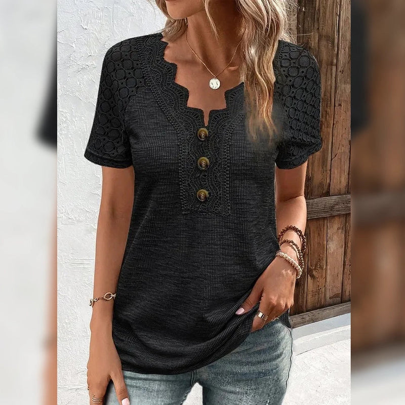 Women's T-Shirt Plain Lace Button Short Sleeve Women's Tops Black S - DailySale