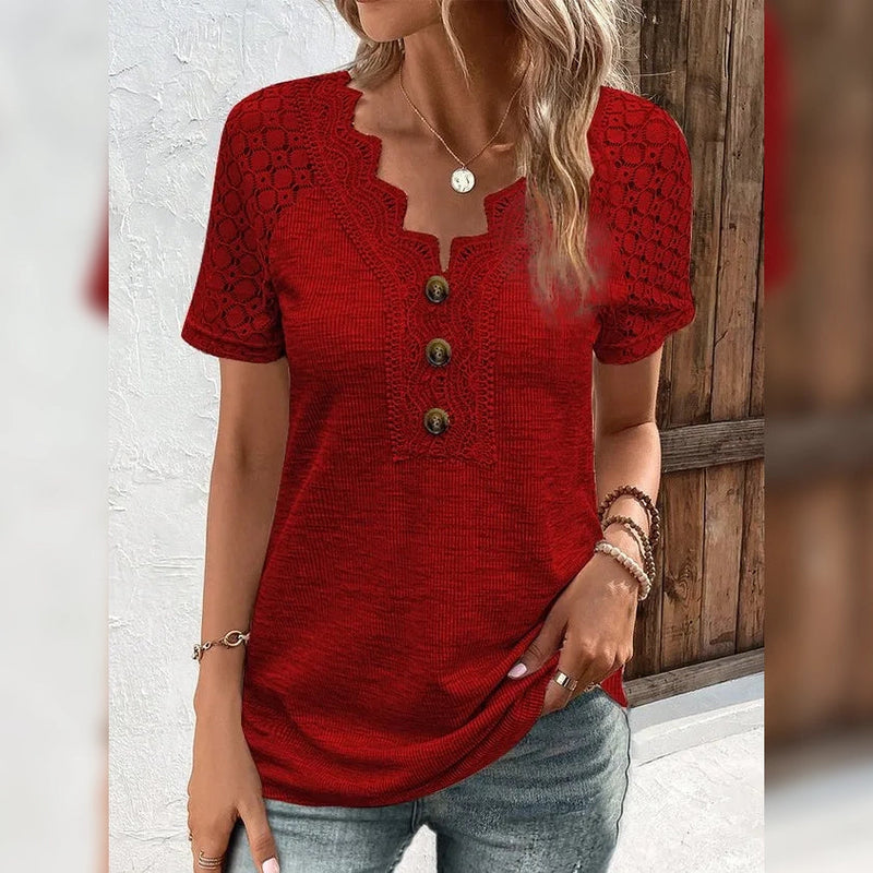 Women's T-Shirt Plain Lace Button Short Sleeve Women's Tops Red S - DailySale