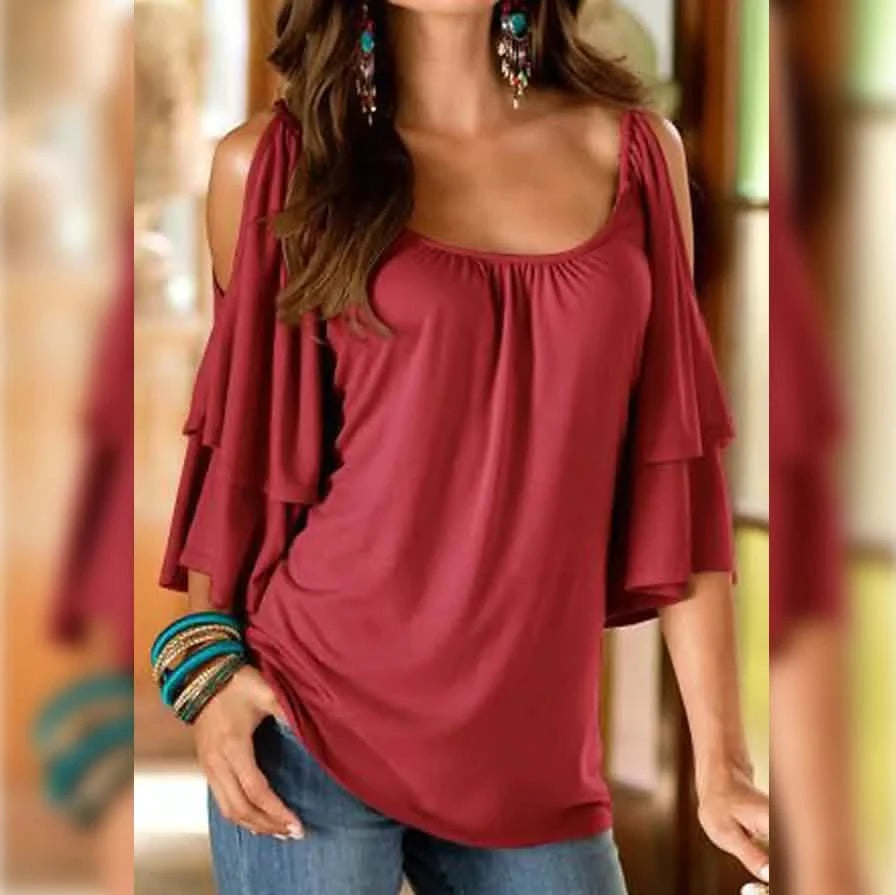 Women's T-Shirt Plain Ruffle Cold Shoulder Short Sleeve Women's Tops Wine S - DailySale