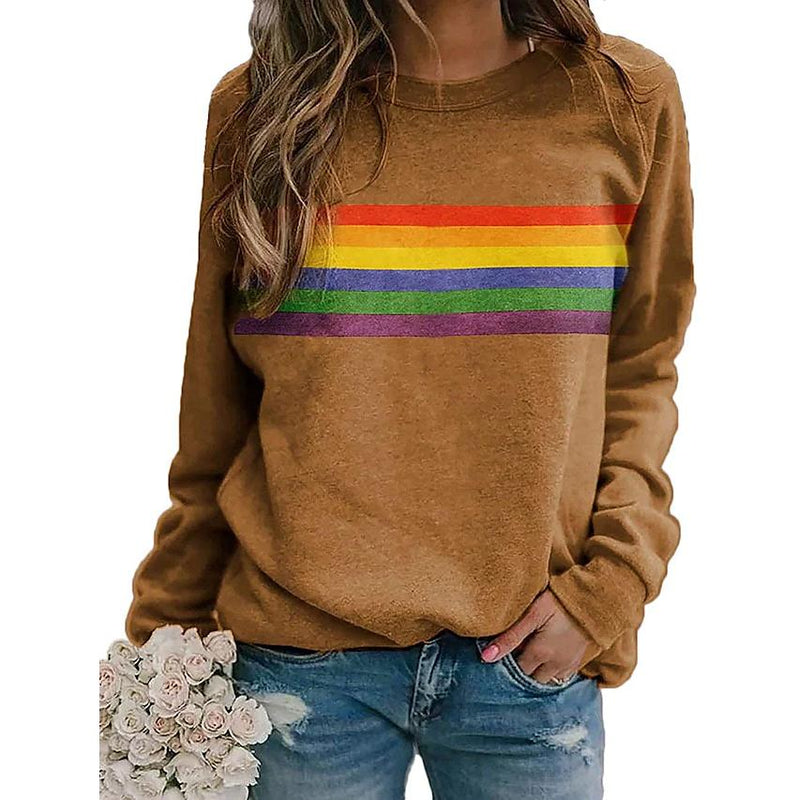 Women's T shirt Rainbow Graphic Long Sleeve Round Neck Tops Women's Tops Khaki S - DailySale