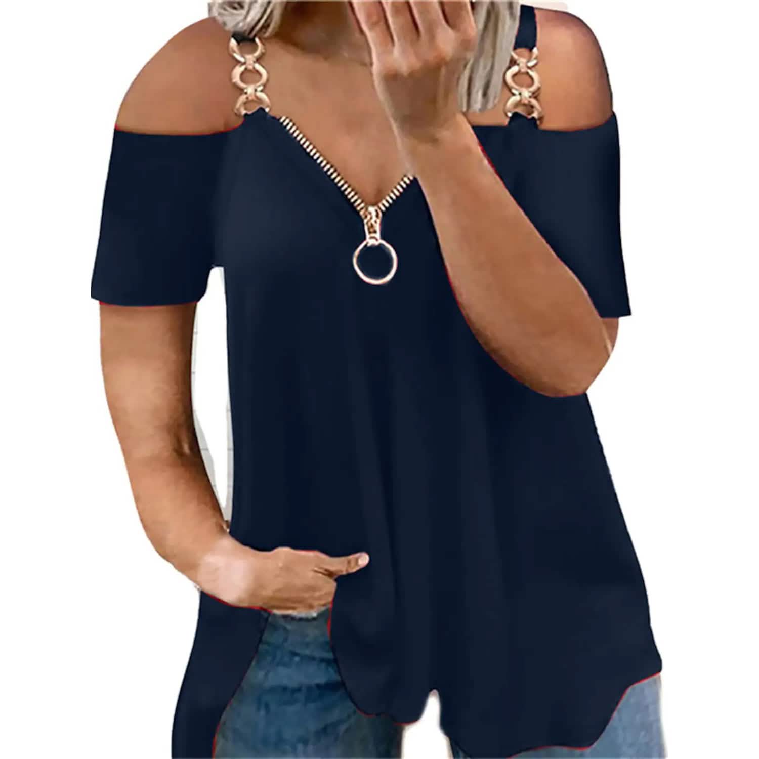 Women's Tailored Zip Crew Neck Plus Size Top Women's Tops Navy Blue S - DailySale