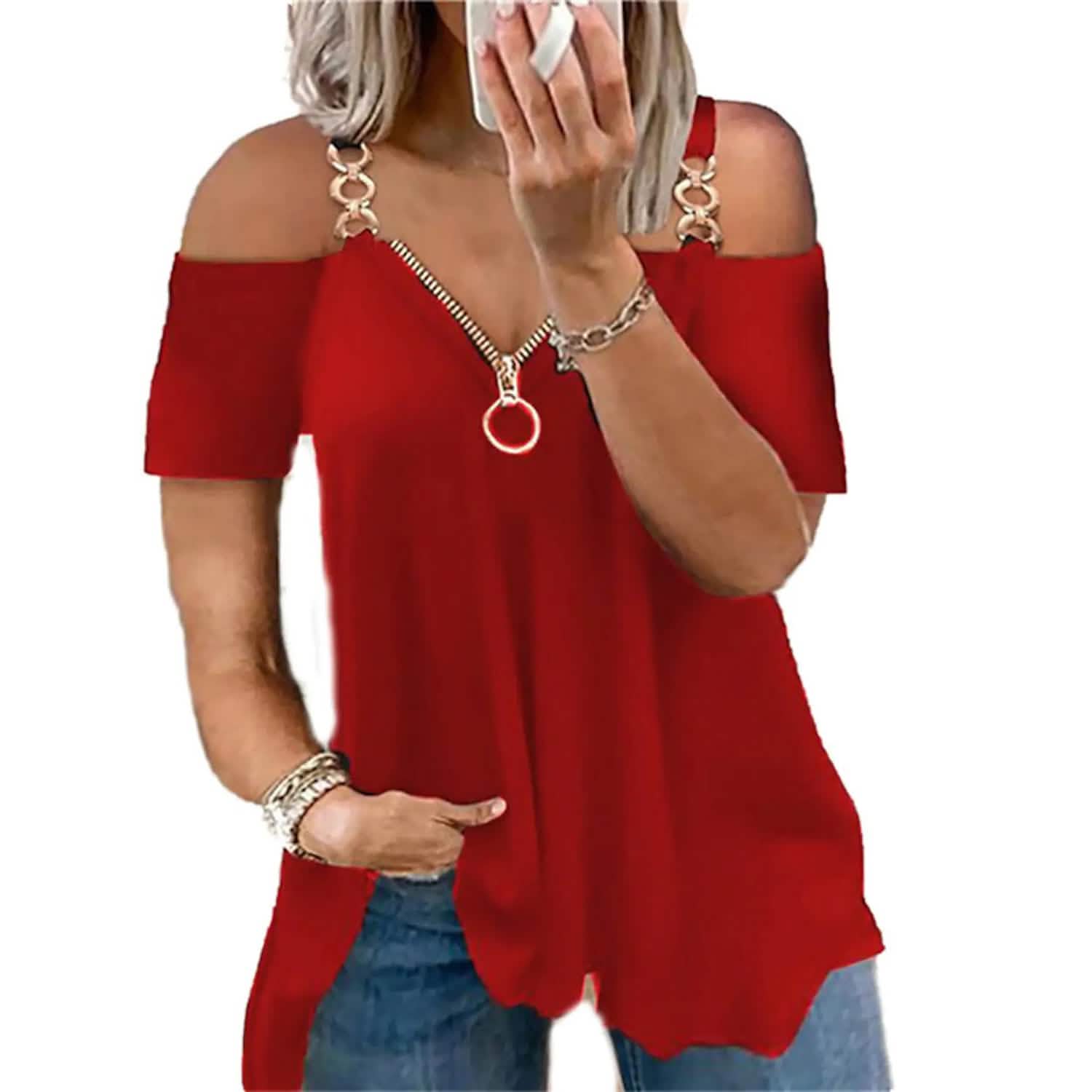 Women's Tailored Zip Crew Neck Plus Size Top Women's Tops Red S - DailySale