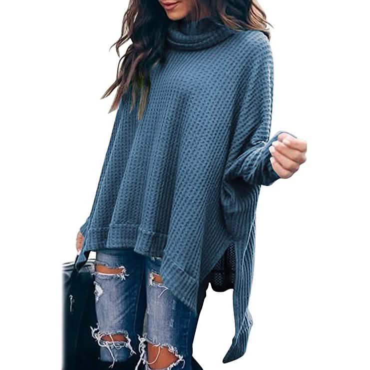 Women's Turtle Cowl Neck Long Batwing Sleeve Sweater Women's Tops Blue S - DailySale