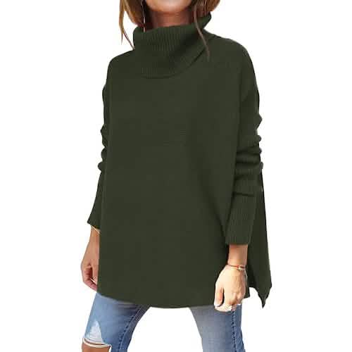 Women's Turtleneck Oversized Sweaters Long Batwing Sleeve Spilt Hem Tunic Women's Tops Army Green S - DailySale
