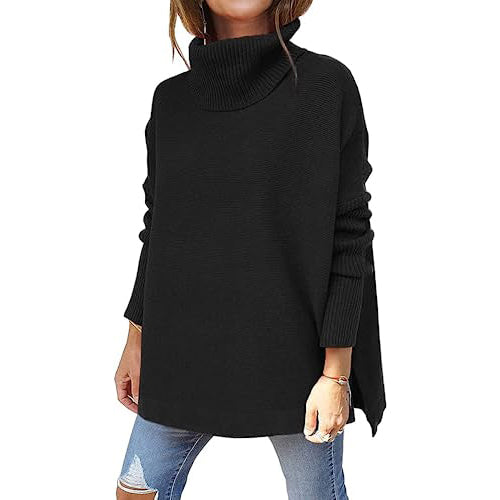 Women's Turtleneck Oversized Sweaters Long Batwing Sleeve Spilt Hem Tunic Women's Tops Black S - DailySale