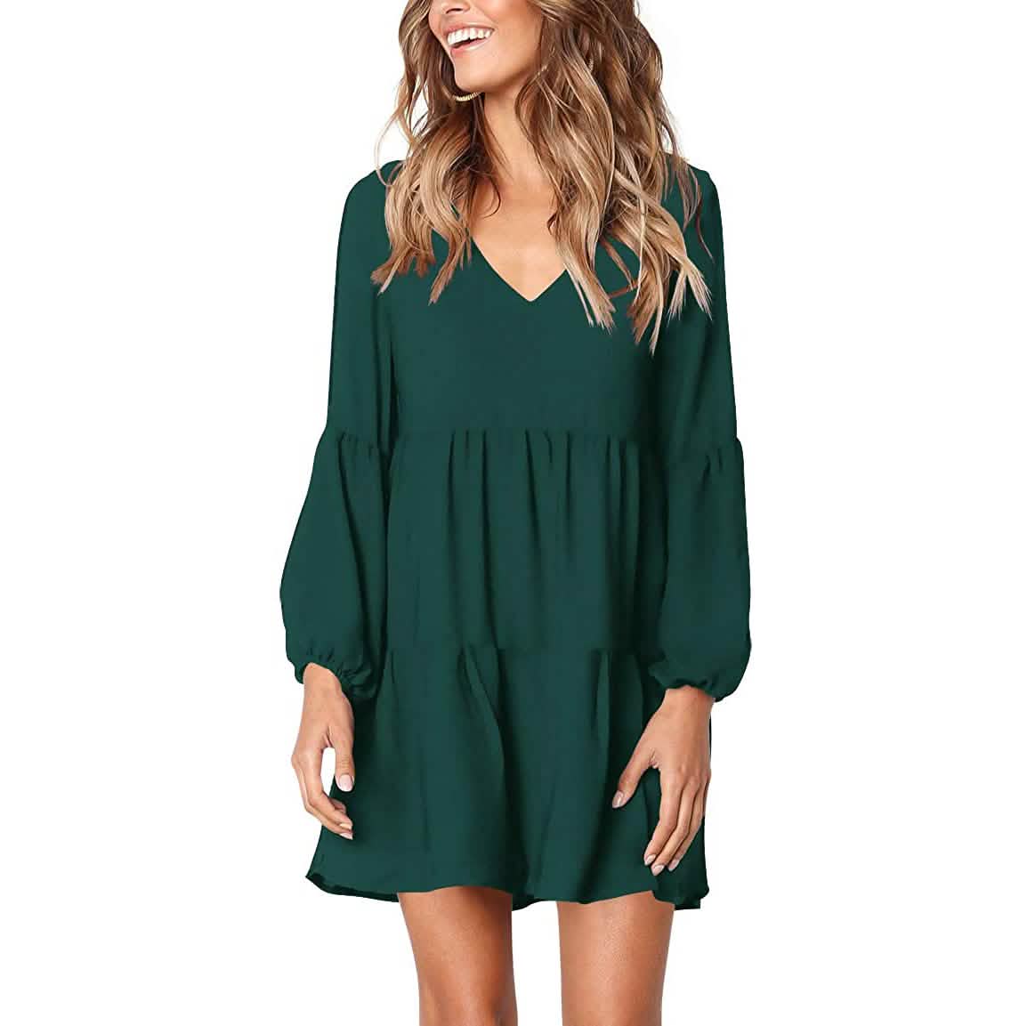 Women's V Neck Casual Loose Dress Women's Dresses Green S - DailySale
