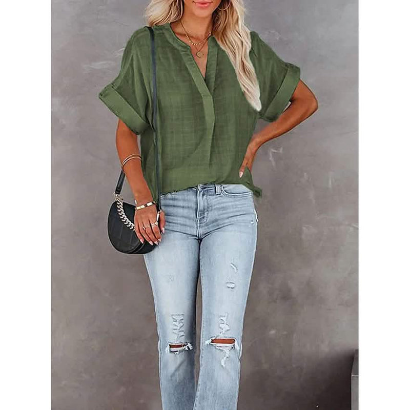 Women's V-Neck Loose Shirt Short Sleeve Top Women's Tops Green S - DailySale