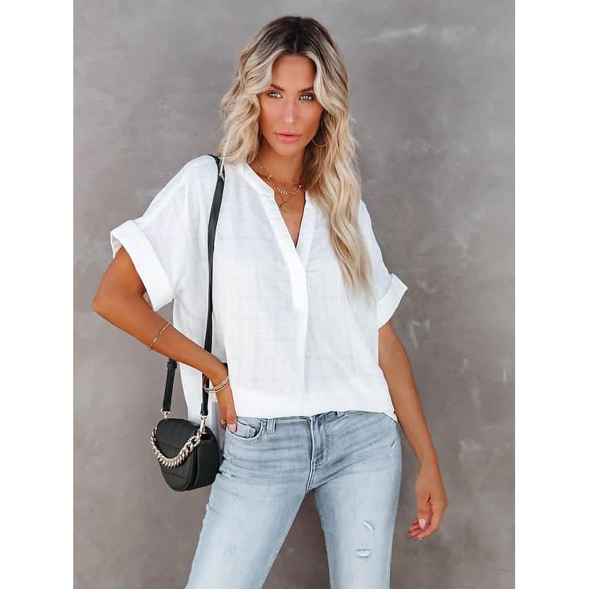 Women's V-Neck Loose Shirt Short Sleeve Top Women's Tops White S - DailySale
